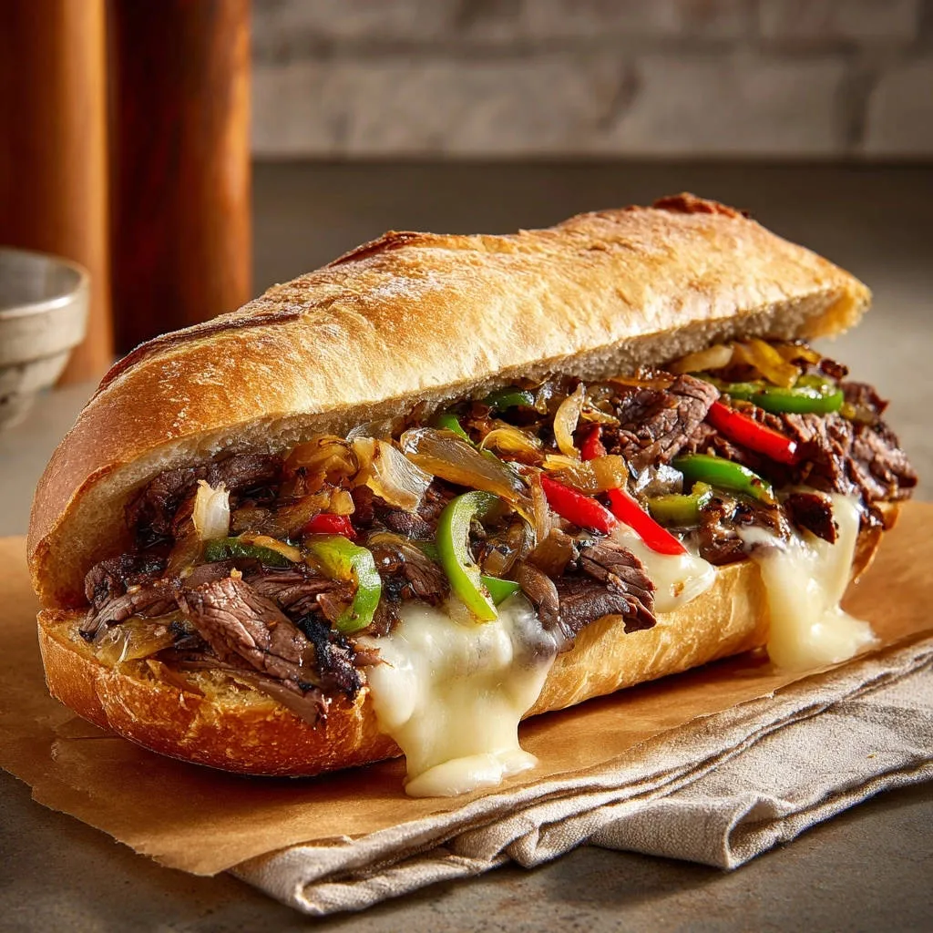 Classic shredded beef and pepper sub with melted cheese dripping from the side on a bun.