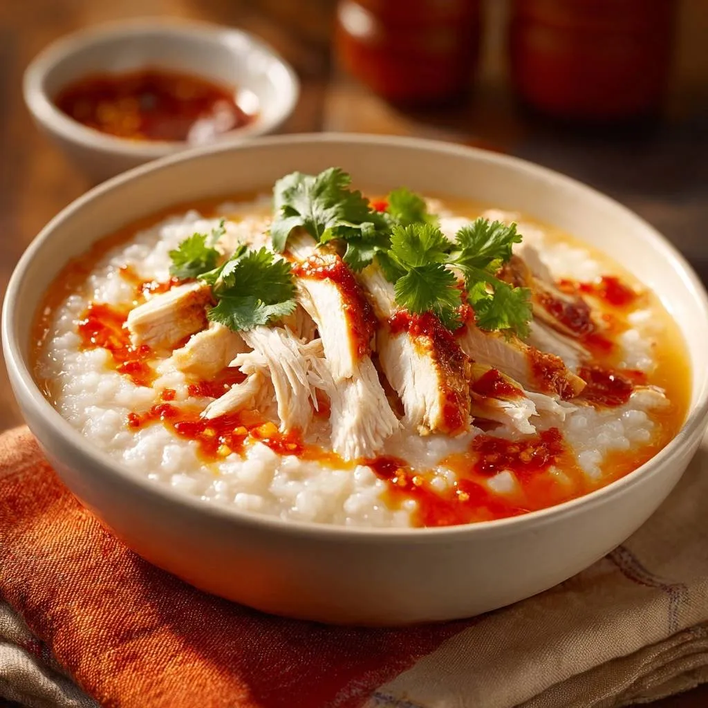Creamy shredded chicken congee with fresh cilantro garnish and chili oil drizzle, served in a bowl.