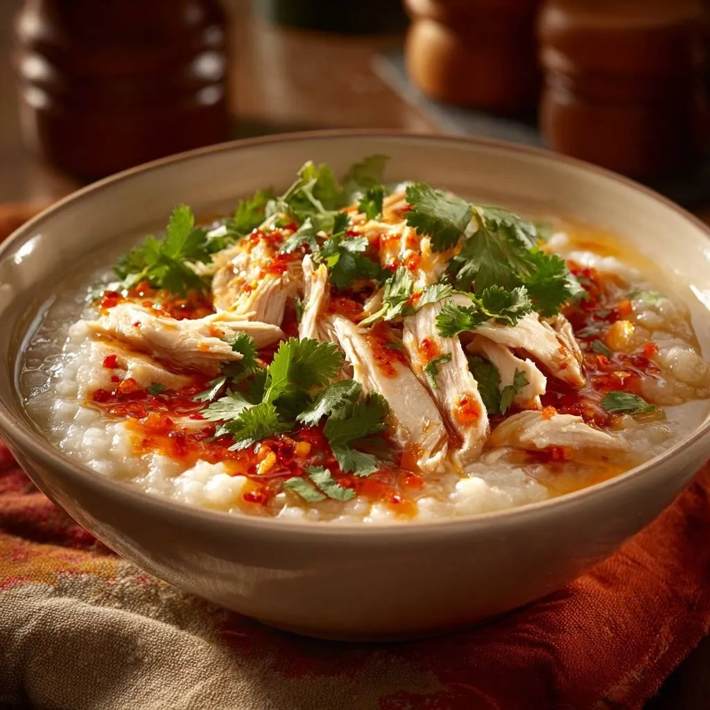 Creamy shredded chicken congee recipe topped with chili oil and fresh cilantro in a bowl.