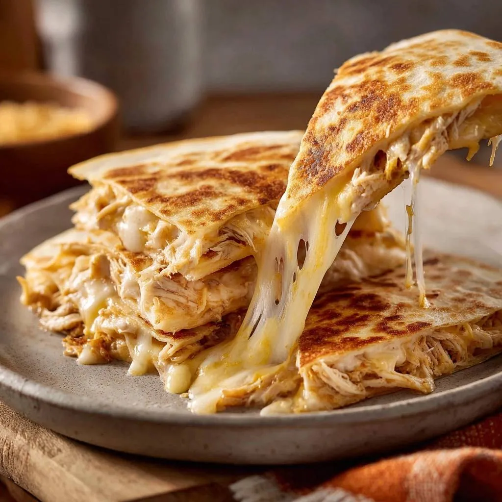 Crispy shredded chicken quesadillas with a generous cheese pull, showcasing the gooey melted cheese.