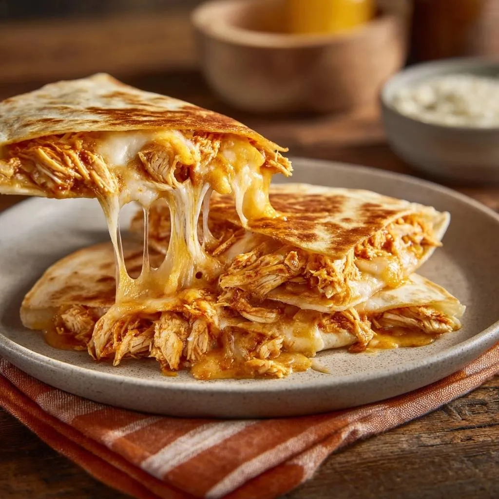 Crispy shredded chicken quesadillas with a generous cheesy pull, showcasing the gooey melted cheese.