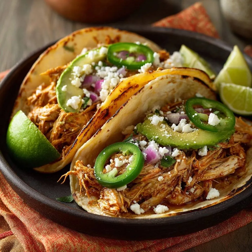 Shredded chicken tacos generously garnished with avocado, jalapeños, and crumbled cheese, presented on a plate.