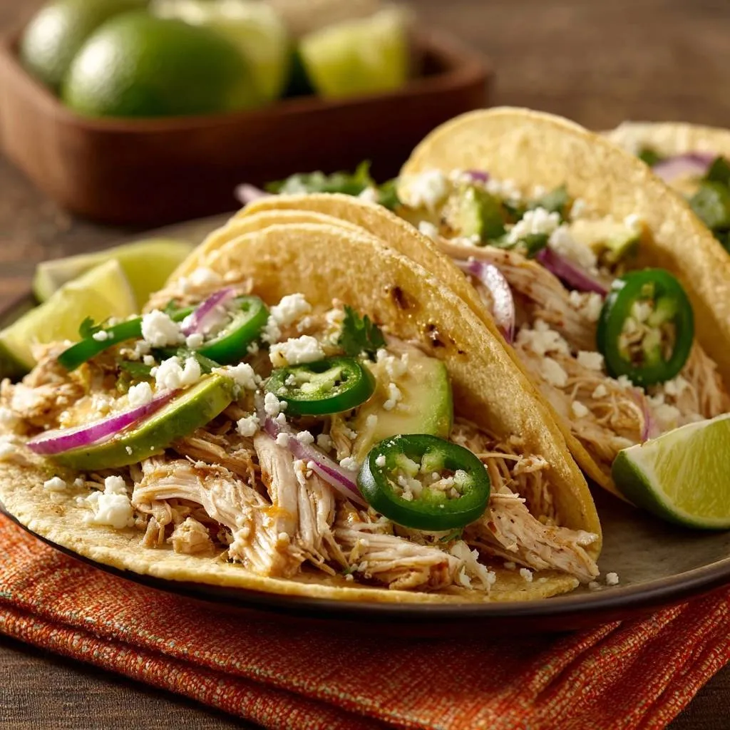 Shredded chicken tacos plated with avocado, jalapeños, and queso fresco, a close-up view.