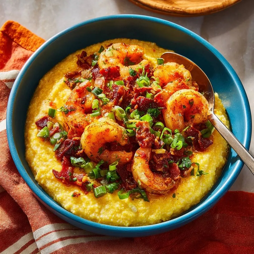 Shrimp and grits featuring a close-up view of the savory topping of bacon and green onions.