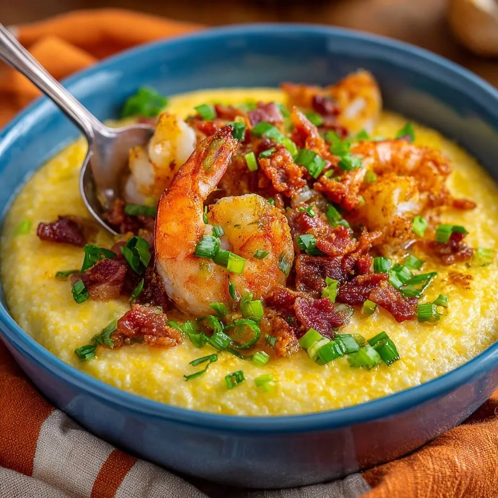 Shrimp and grits with a spoonful being lifted, showing creamy texture and bacon topping.