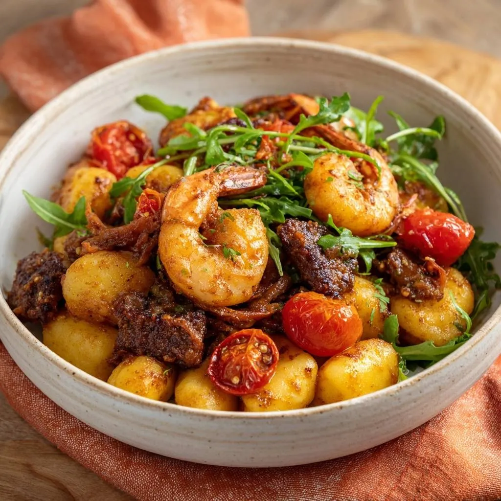 Shrimp gnocchi with spicy sausage and blistered tomatoes served in a bowl, shown in a close-up view.
