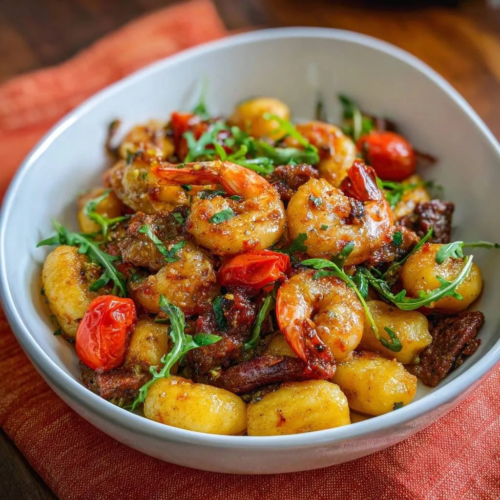 Shrimp gnocchi with spicy sausage and blistered tomatoes shown in a close-up view of a white bowl.