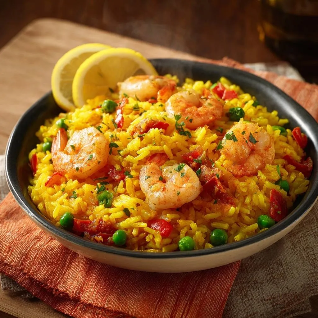 Vibrant shrimp paella with fluffy rice grains, garnished with fresh lemon slices and parsley.