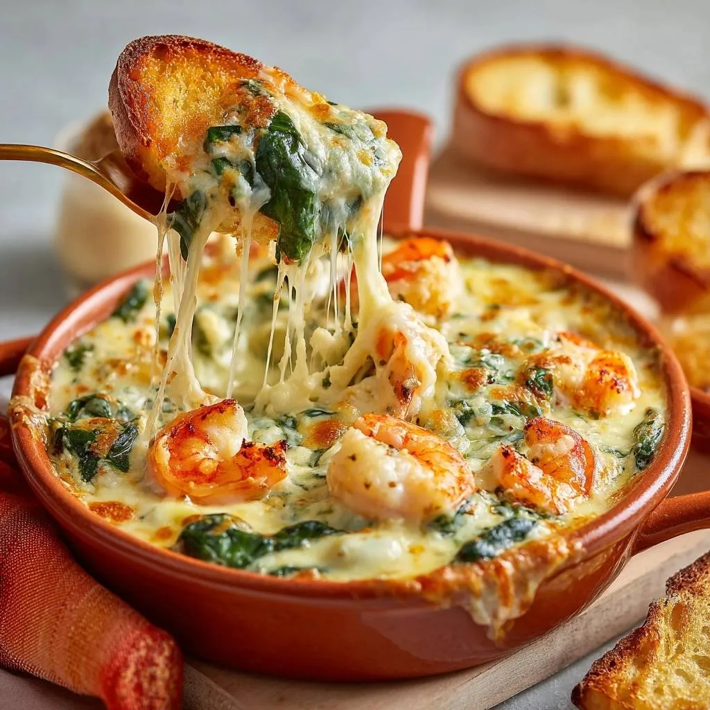 Gooey shrimp spinach dip with a piece of crusty bread pulling strings of melted cheese, a close-up view.