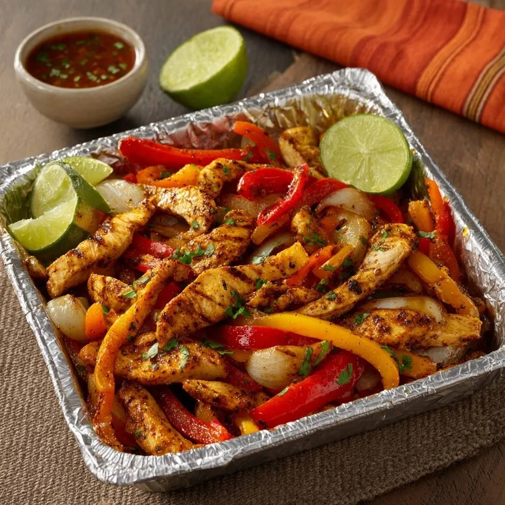 Sizzling chicken fajitas with bell peppers and onions served in a foil tray with lime wedges and dipping sauce.