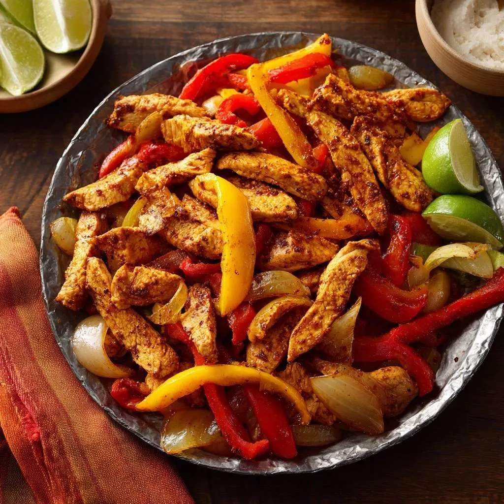 Sizzling chicken fajitas with bell peppers and onions served in a skillet, viewed from above.