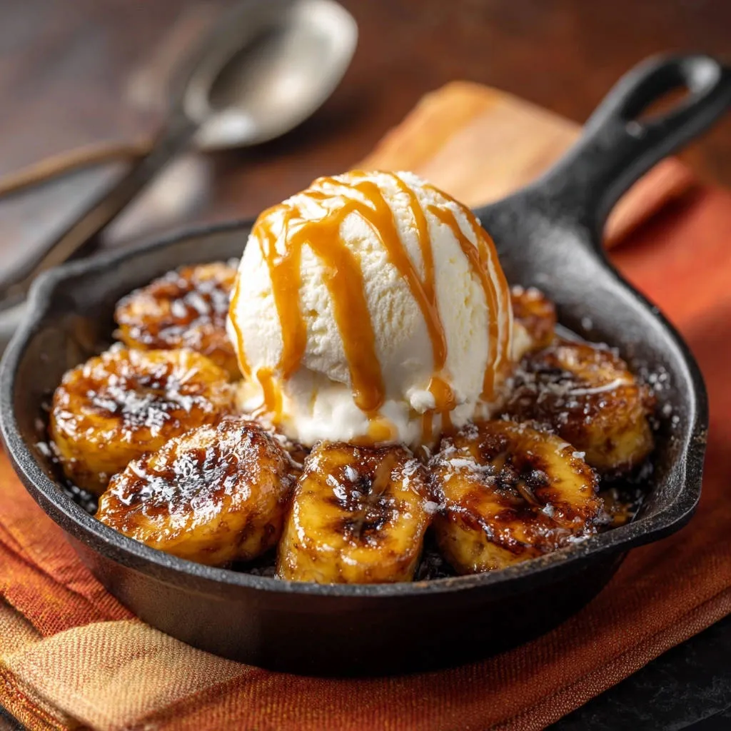 Skillet caramelized bananas with ice cream and caramel sauce served in a cast iron skillet.