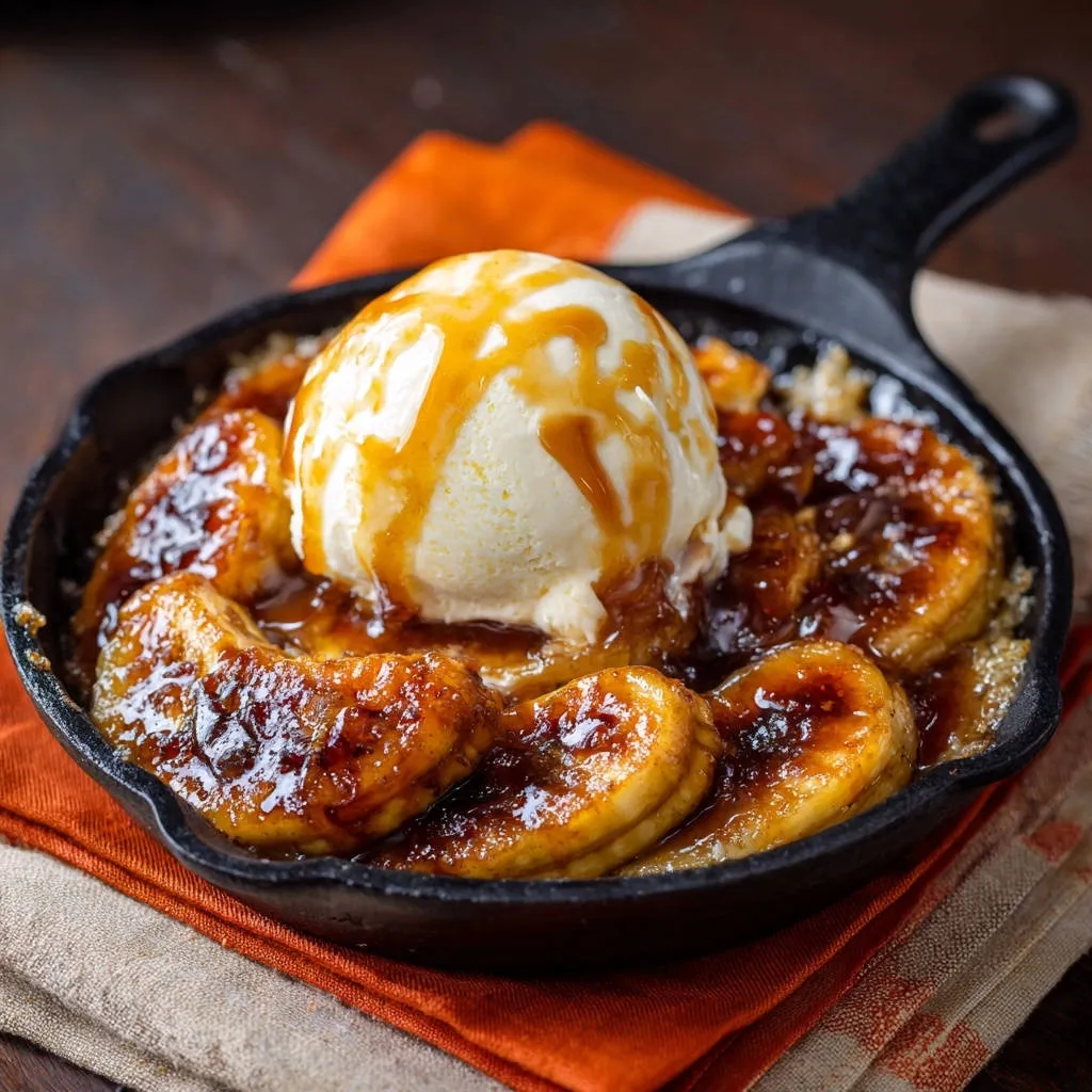 Skillet caramelized bananas with a scoop of vanilla ice cream drizzled with caramel sauce in a cast iron pan.