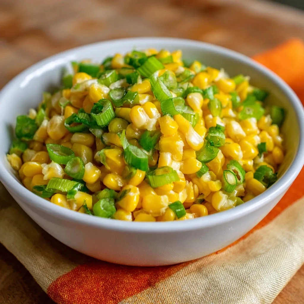 Skillet corn with fresh scallions served in a white bowl, a close-up view showcasing the vibrant colors and textures.