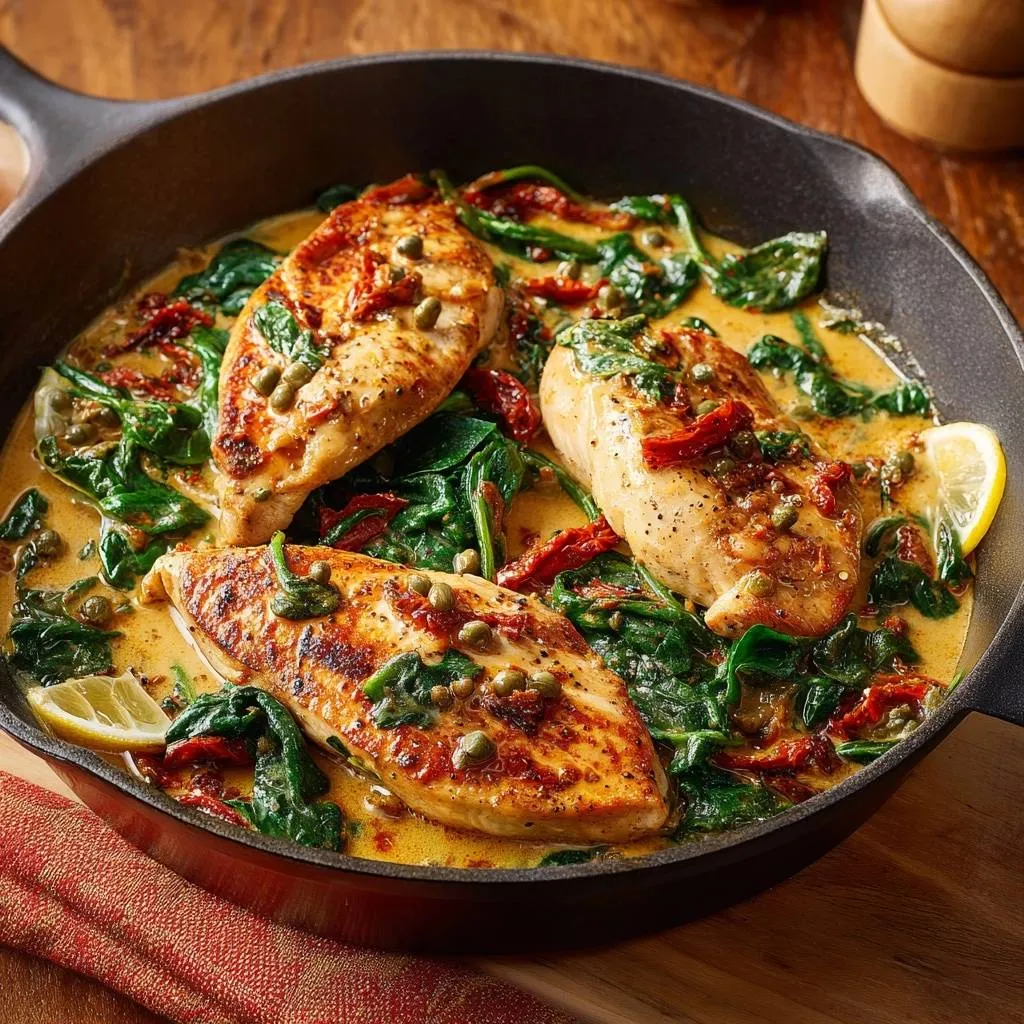 Skillet lemon caper chicken with spinach shown in a cast iron pan with a lemon wedge.