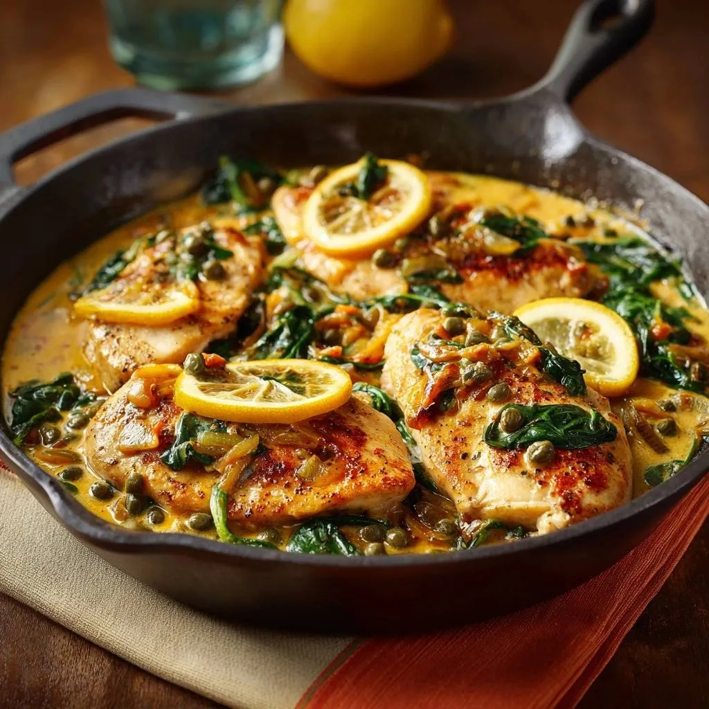 Skillet lemon caper chicken with spinach served directly in a cast iron skillet with lemon slices and capers.