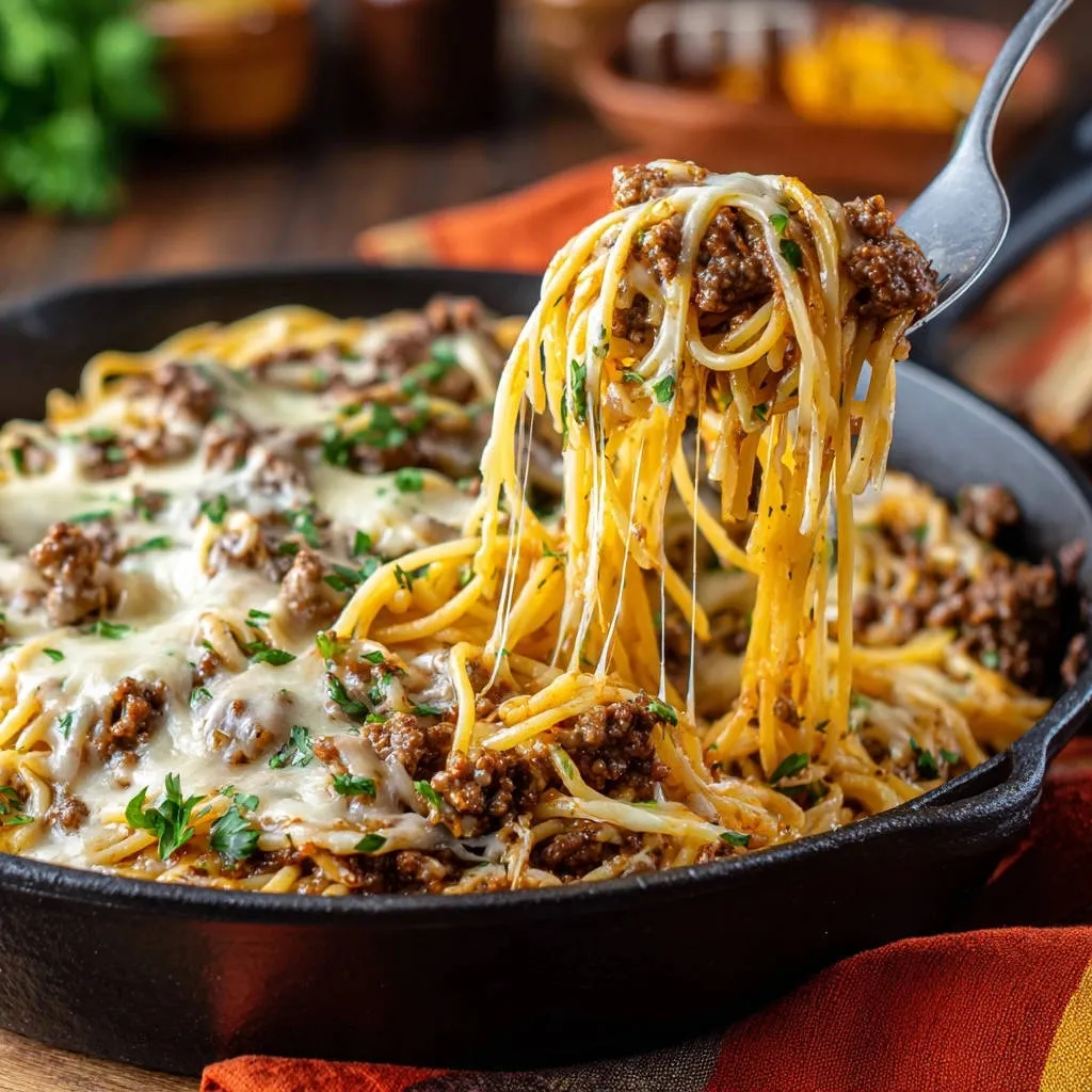 Skillet meat sauce spaghetti with a forkful showing a generous cheese pull, garnished with parsley.