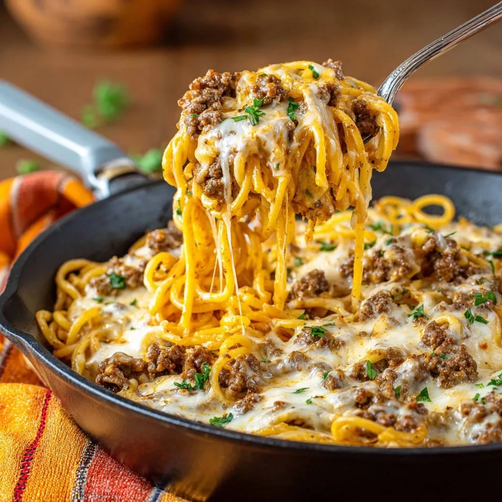 Skillet meat sauce spaghetti with a forkful lifted, showing melted cheese and tender noodles.