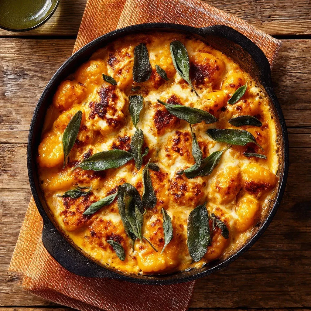 Skillet pumpkin gnocchi with sage cream shown overhead with a golden baked crust and fresh sage garnish.