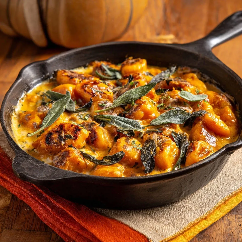 Skillet pumpkin gnocchi with sage cream in a cast iron pan, garnished with fresh sage leaves.