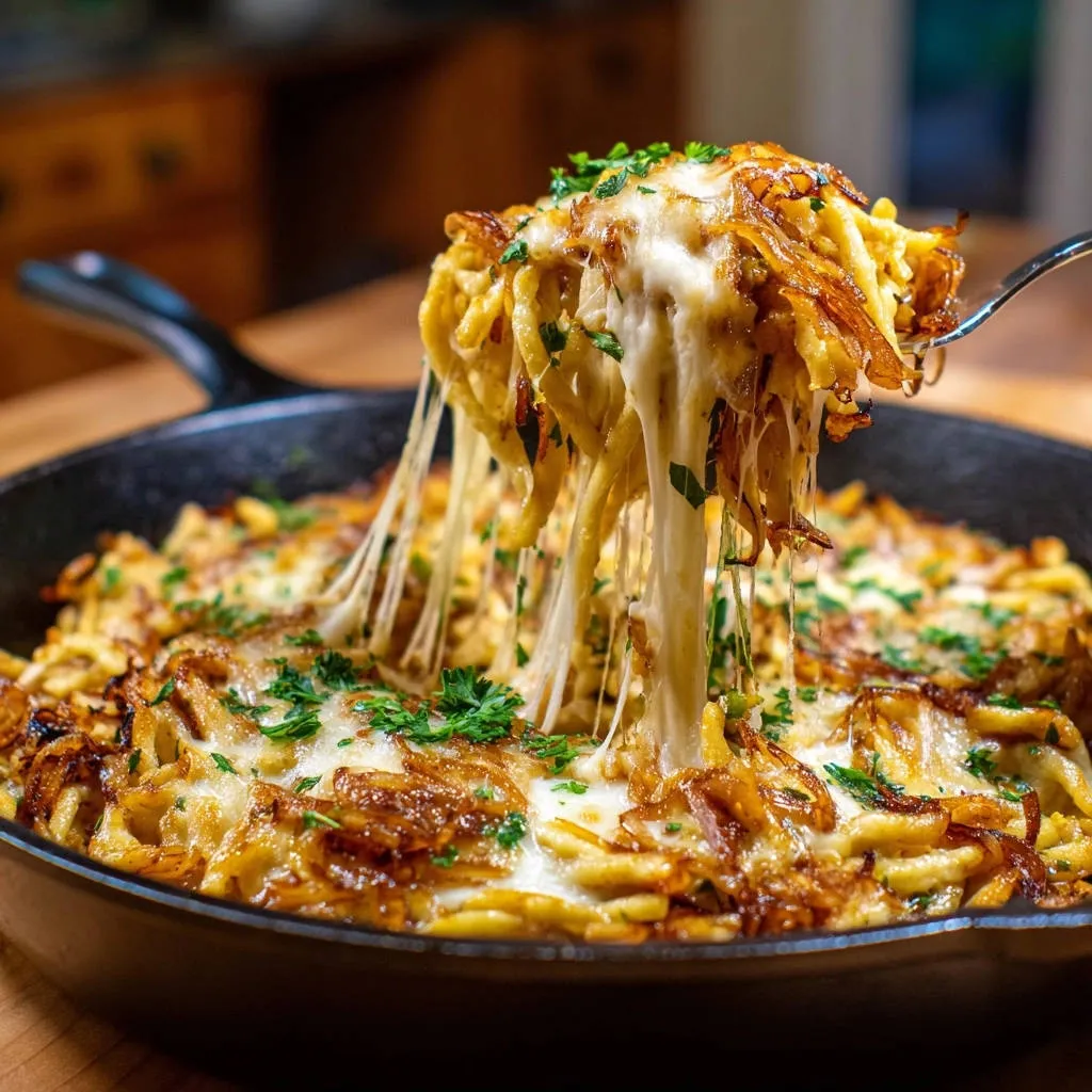 Ultimate Skillet Spaetzle and Cheese with a long, gooey cheese pull captured on a fork.
