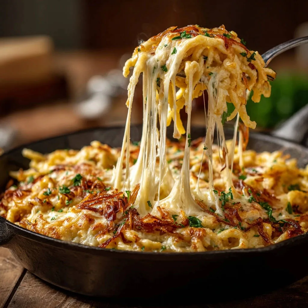 Ultimate Skillet Spaetzle and Cheese featuring a fork lifting gooey strands of melted cheese.