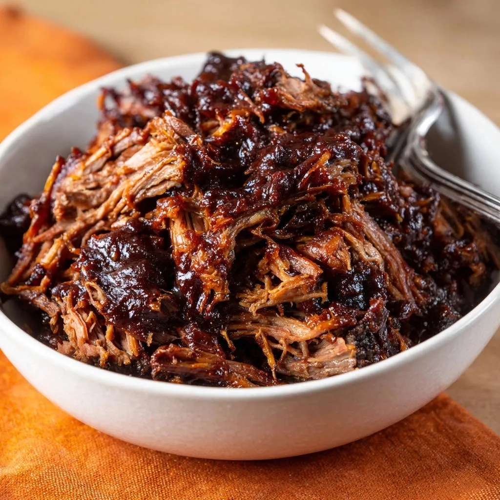 Slow cooker sweet & smoky pulled beef in a white bowl, shown in a close-up view with a fork.