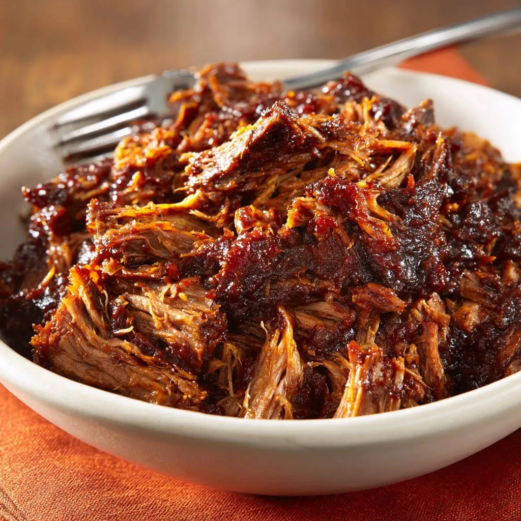 Slow cooker sweet & smoky pulled beef with a fork in a white bowl, showcasing tender shredded texture.