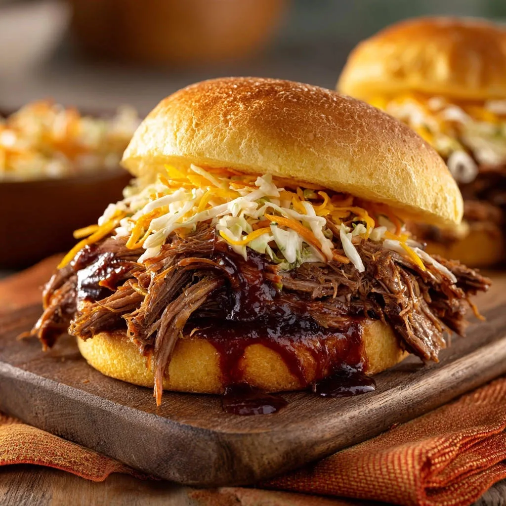 Slow cooker pulled beef sandwiches piled high with coleslaw and cheese on a wooden board.