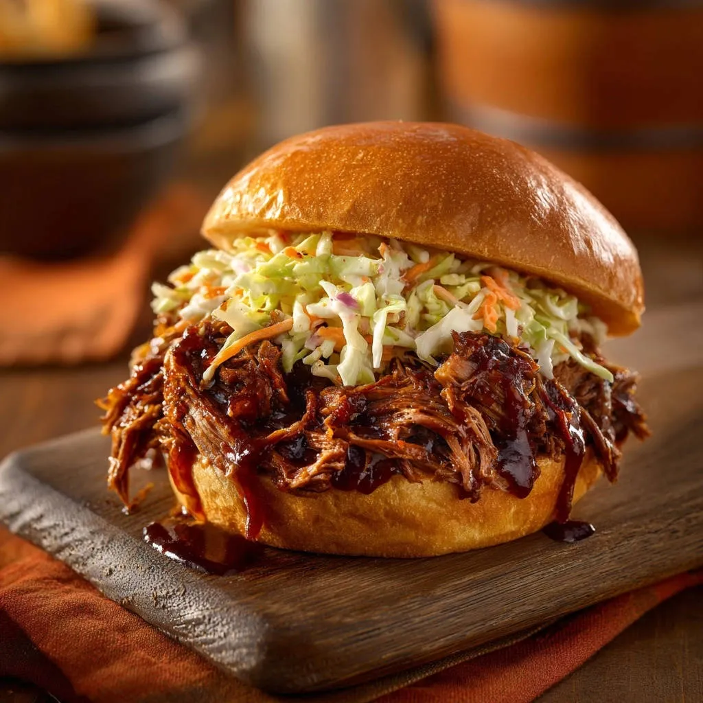 Slow cooker pulled beef sandwich topped with a generous portion of coleslaw on a wooden cutting board.