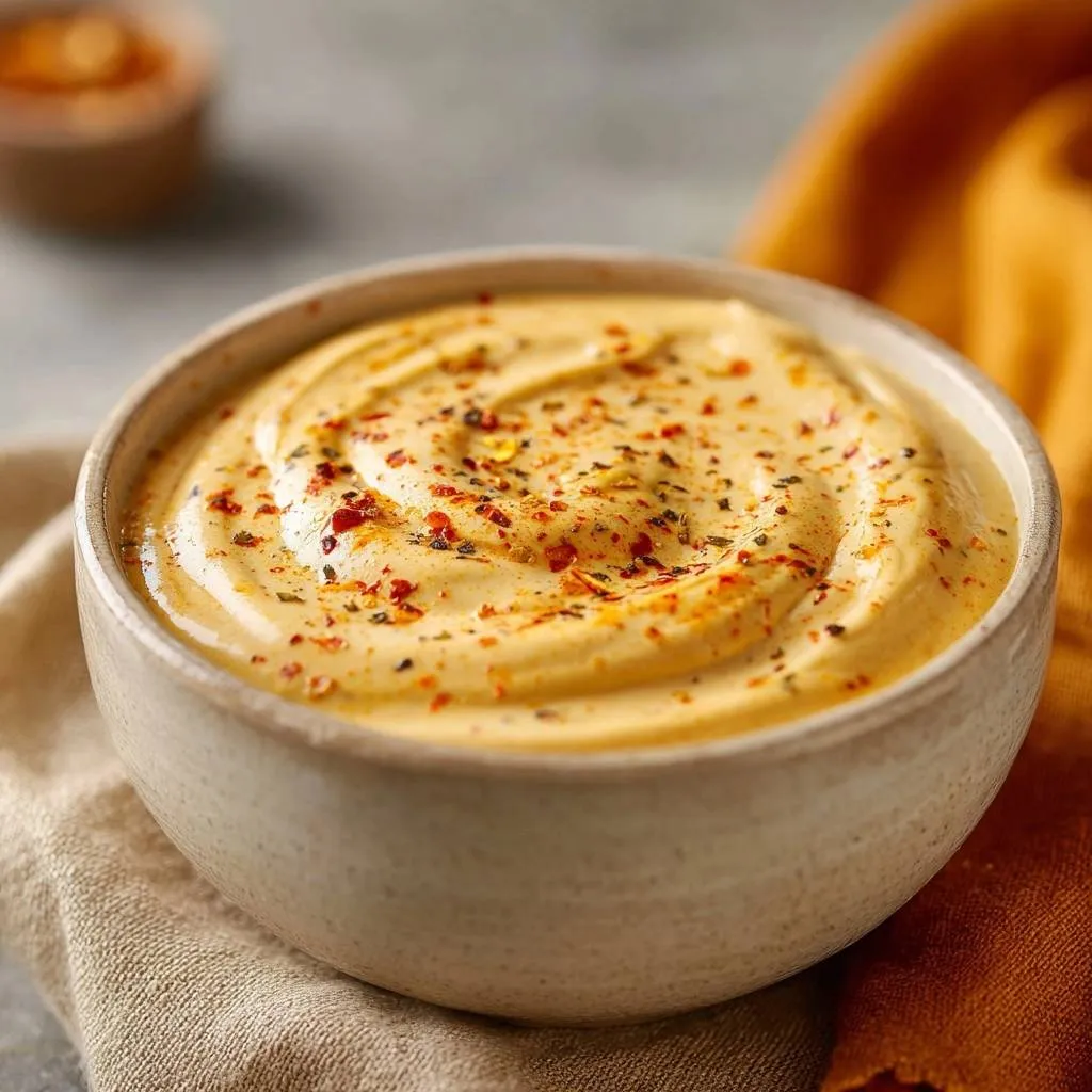 Smoky paprika hummus in a bowl, generously garnished with red pepper flakes and herbs, showcasing its creamy texture.