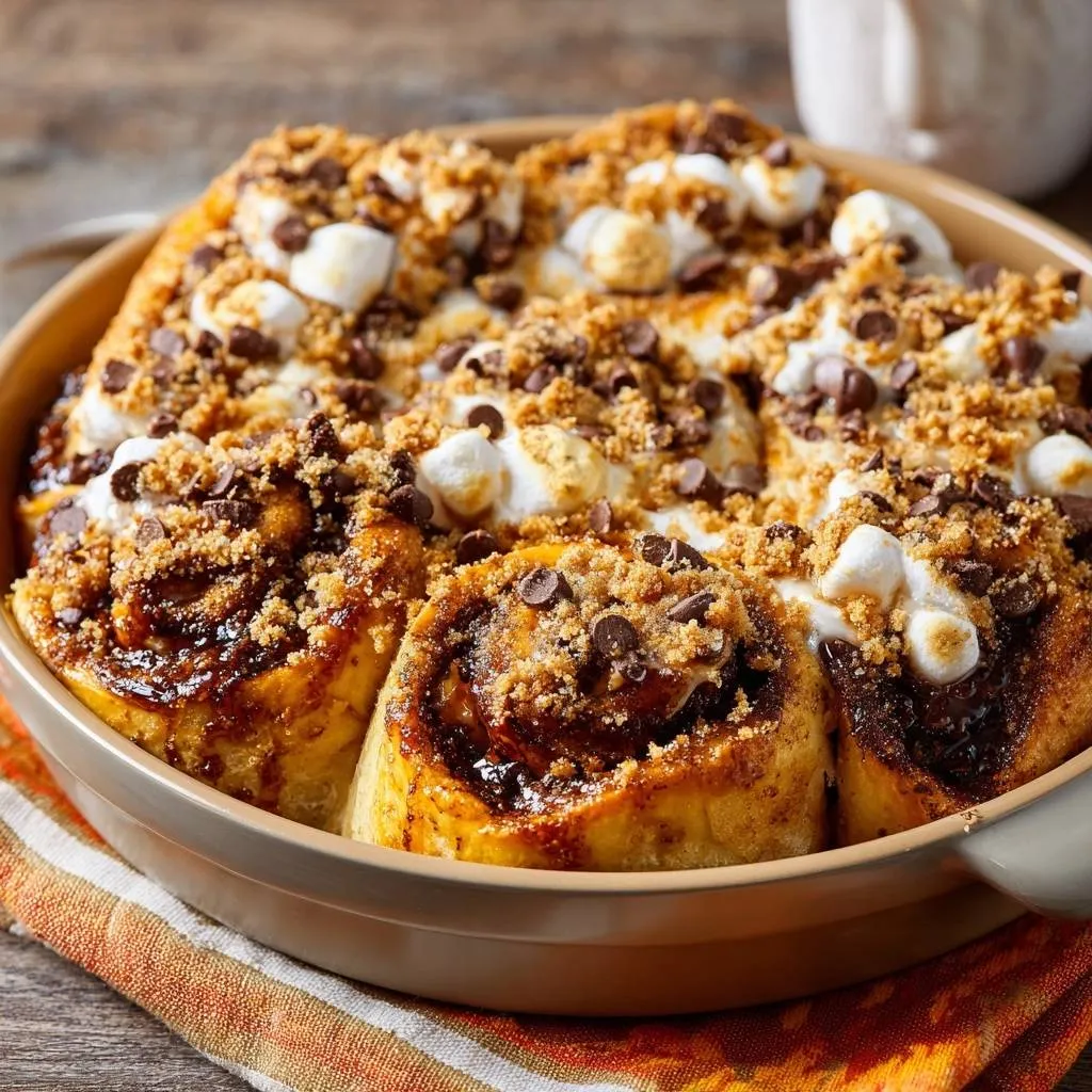 S'mores cinnamon rolls with a topping of marshmallows, chocolate chips, and graham cracker crumbs in a baking dish.