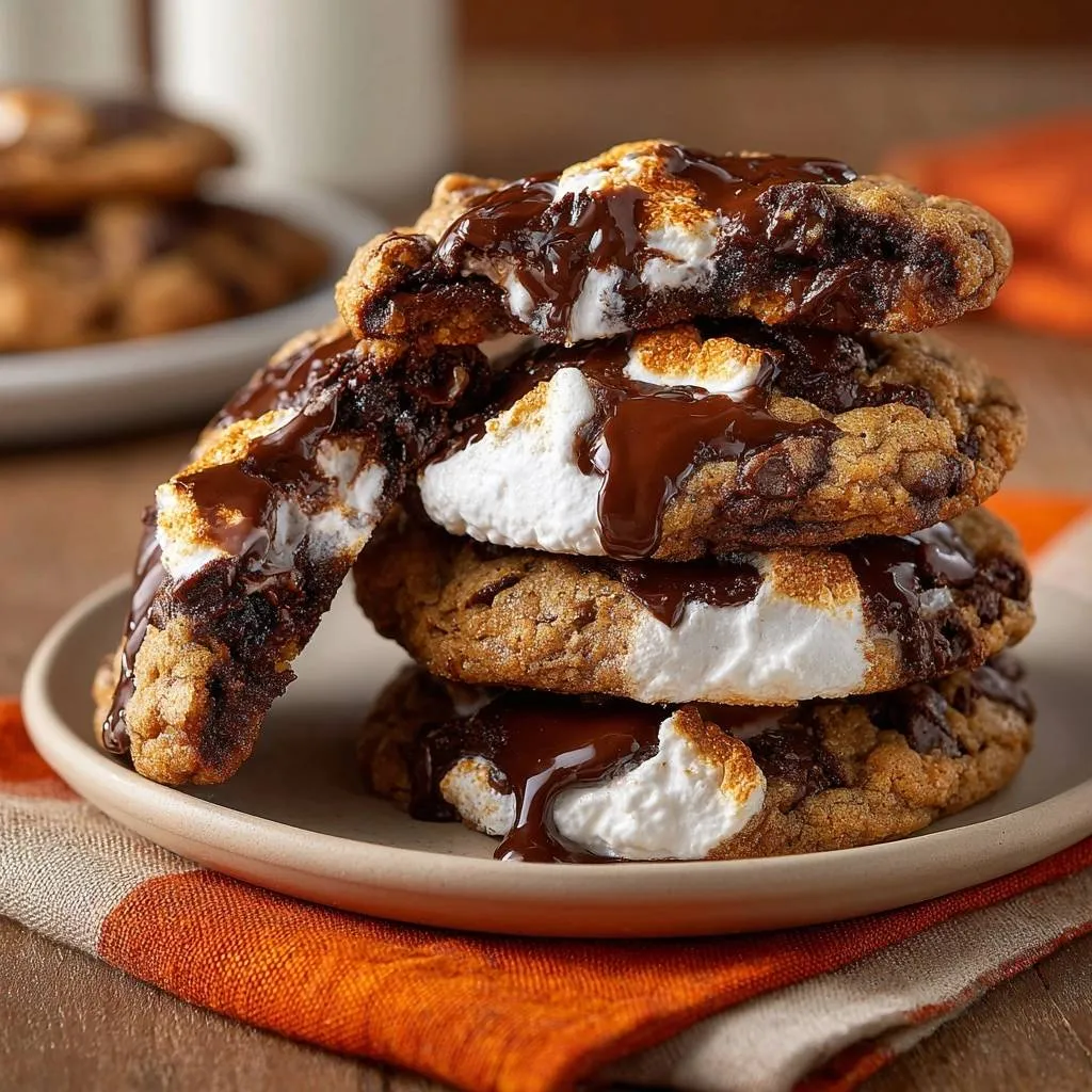 Gooey s'mores cookies with crisp bases shown in a cross-section revealing melted marshmallow and chocolate.