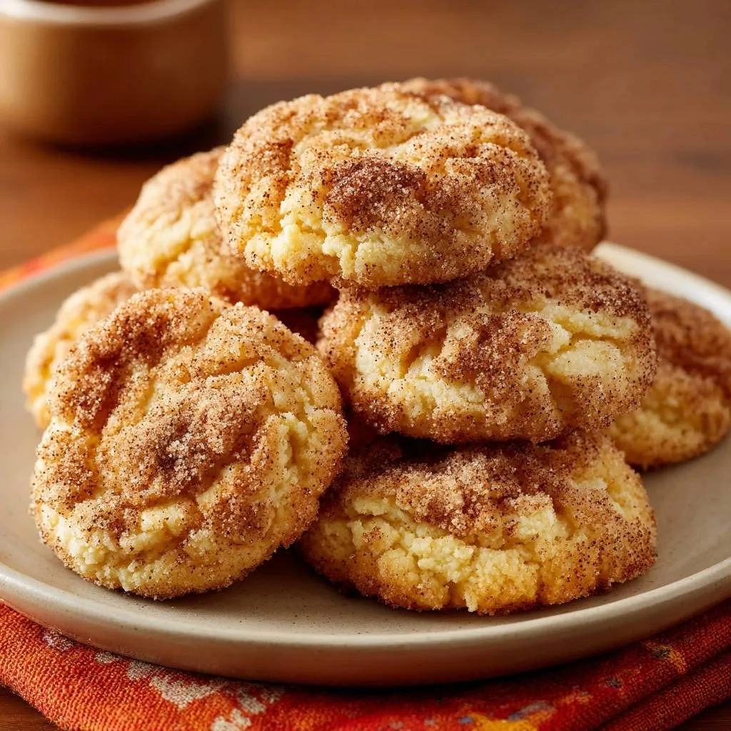 Perfect snickerdoodle cookies with a detailed cinnamon sugar coating piled high on a plate.