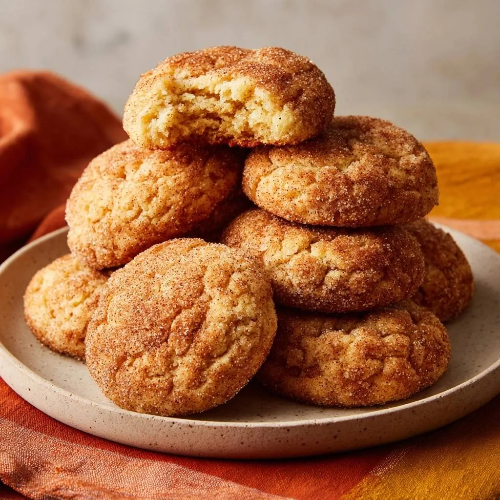 Snickerdoodle cookies, tall and crinkly, with a bite taken out revealing the soft interior.