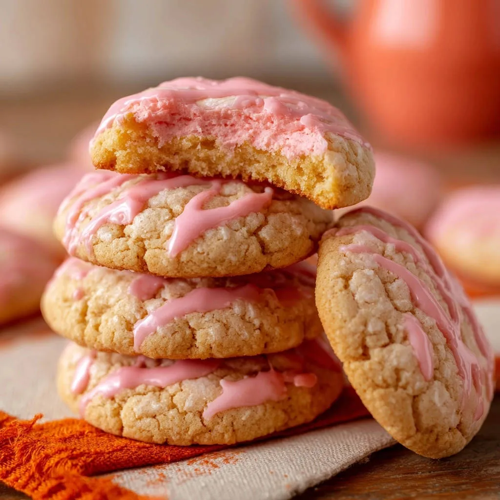 Soft pink glazed sugar cookies featuring a close-up cross-section revealing a tender interior.