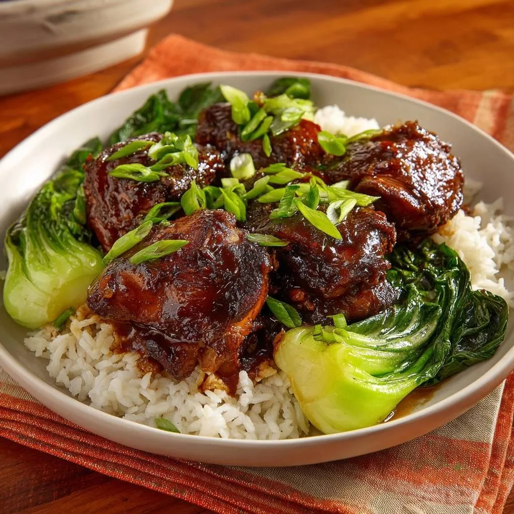 Soy glazed chicken with bok choy and rice, served in a bowl and garnished with chopped green onions.