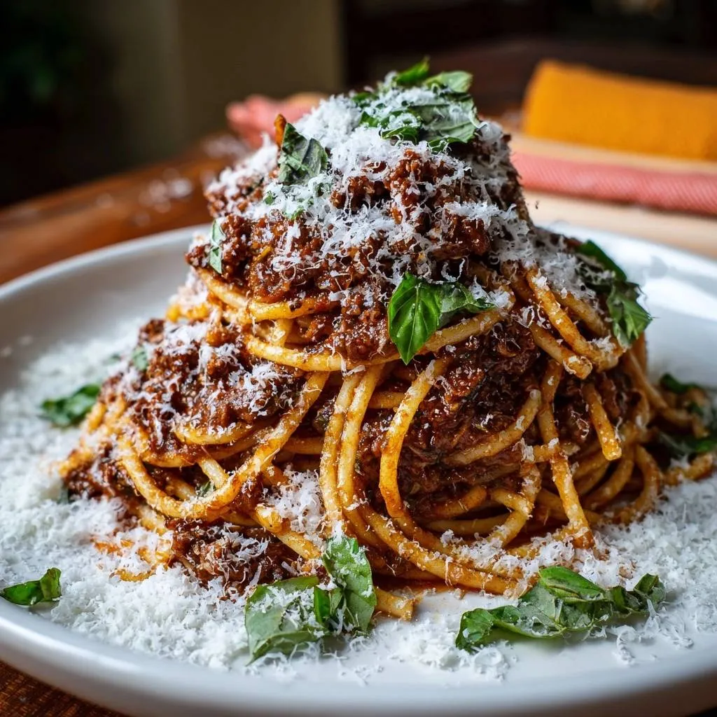 Hearty Spaghetti Bolognese with Clingy Sauce, a generous portion piled high with sauce and grated cheese.