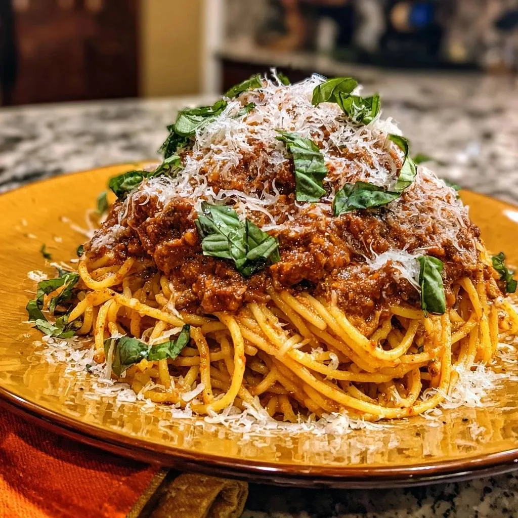 Hearty Spaghetti Bolognese with Clingy Sauce plated with fresh basil and grated Parmesan cheese, shown in a close-up view.
