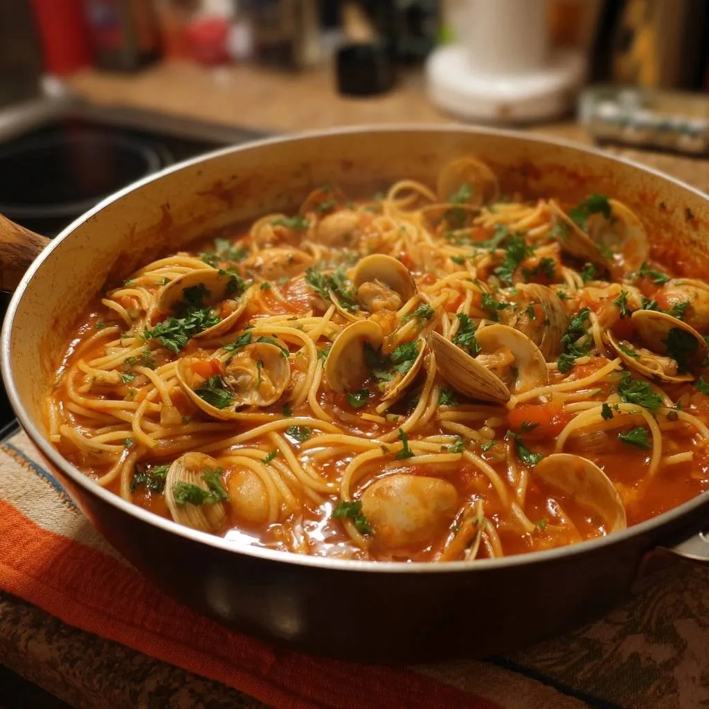 Spaghetti with clams in tomato sauce served in a large skillet, garnished with parsley.