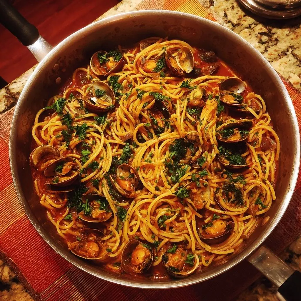 Spaghetti with clams in tomato sauce served in a skillet, showing a generous portion garnished with fresh parsley.