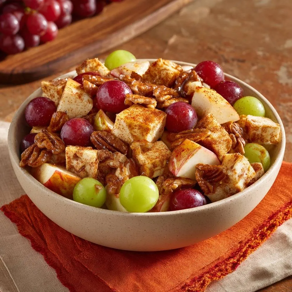 Spiced apple pecan grape cheese salad in a bowl, featuring a close-up overhead view of the mixed ingredients.