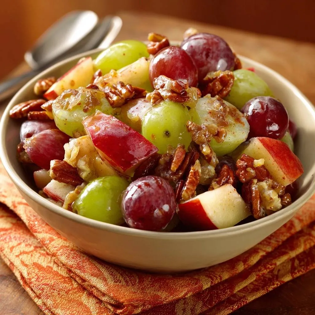 Spiced apple pecan grape cheese salad in a bowl, showing a close-up view of the fresh fruit and nuts.