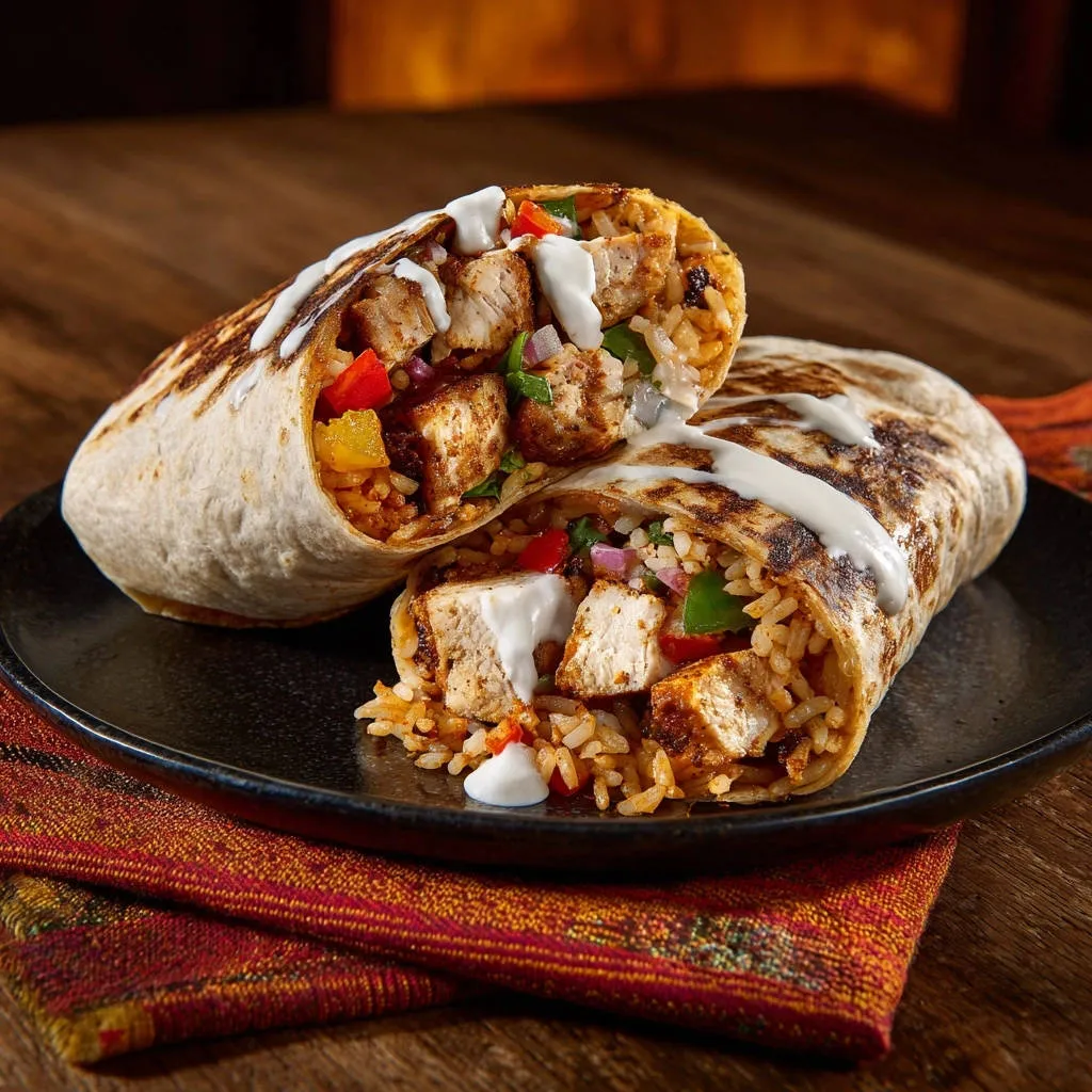 Spiced chicken and rice burritos shown in a close-up cross-section, revealing the flavorful filling and creamy drizzle.