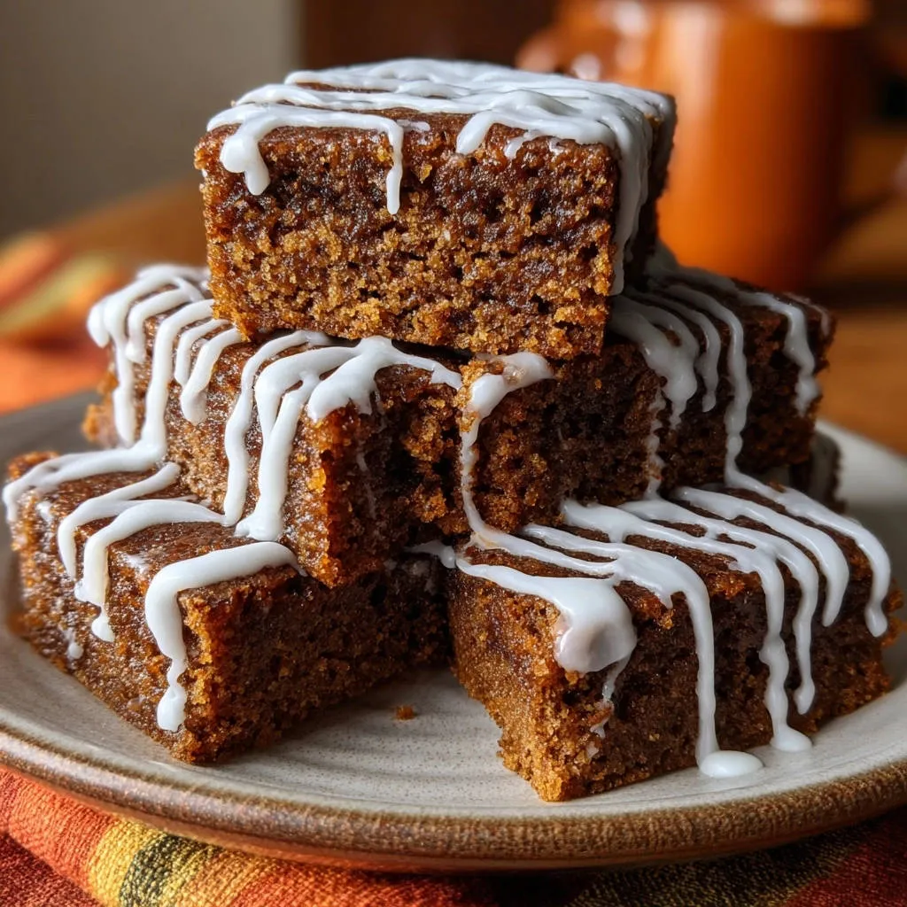Spiced molasses cake squares stacked high, showcasing a generous white glaze drizzle over their rich, dark crumb.