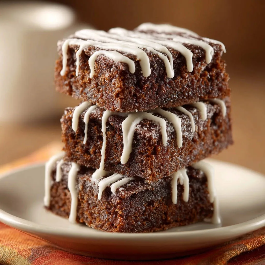 Spiced molasses cake squares stacked high, drizzled with white icing, showcasing their tender crumb texture.