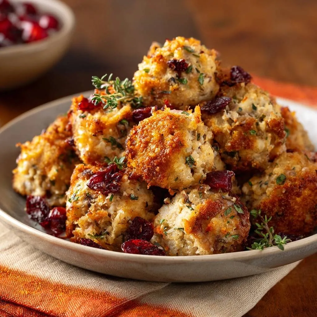 Spiced walnut drop cookies are shown in a close-up view with dried cranberries and fresh thyme as a garnish.