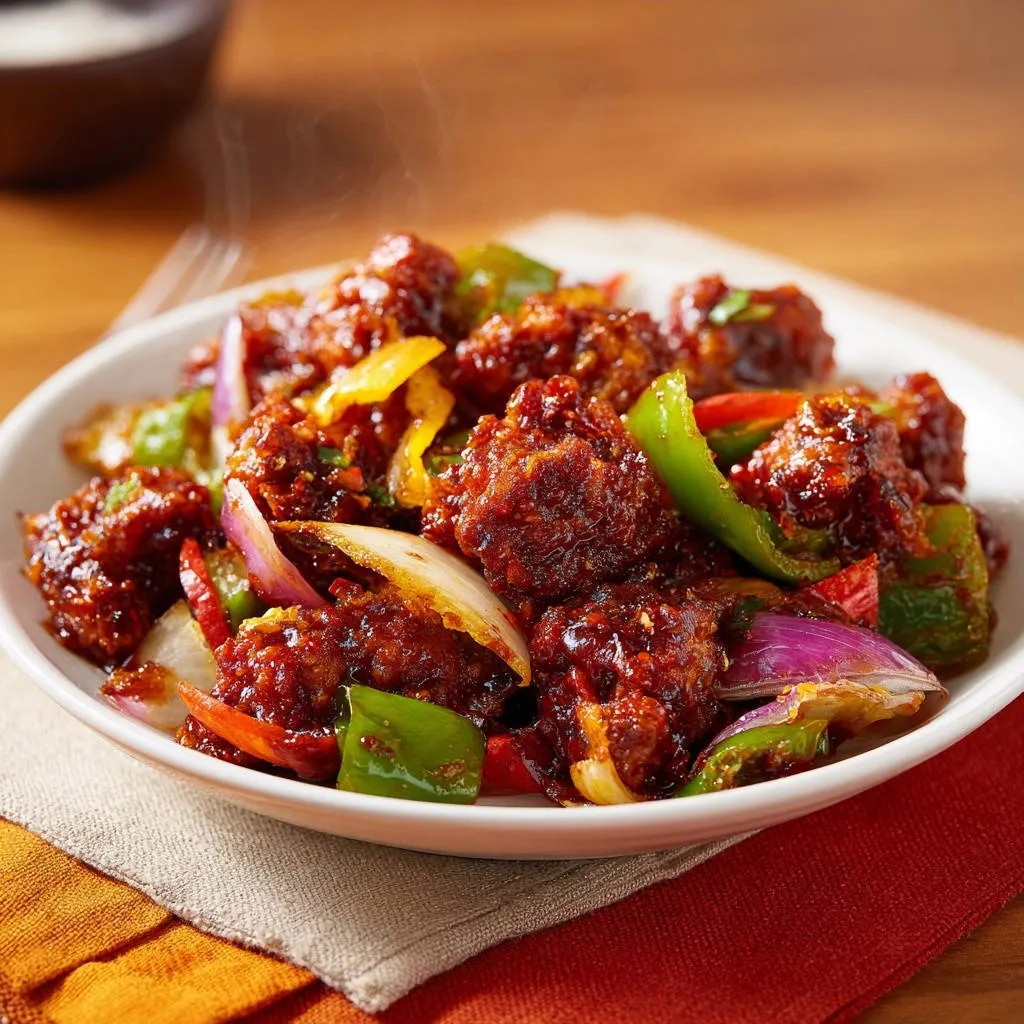 Spicy chili glazed chicken bites served in a white bowl with colorful bell peppers and onions.