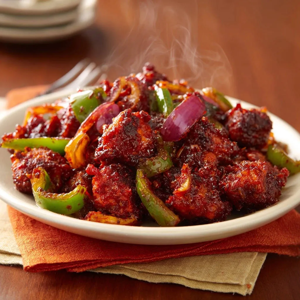 Spicy chili glazed chicken bites shown in a close-up with steam rising from the hot, saucy dish.