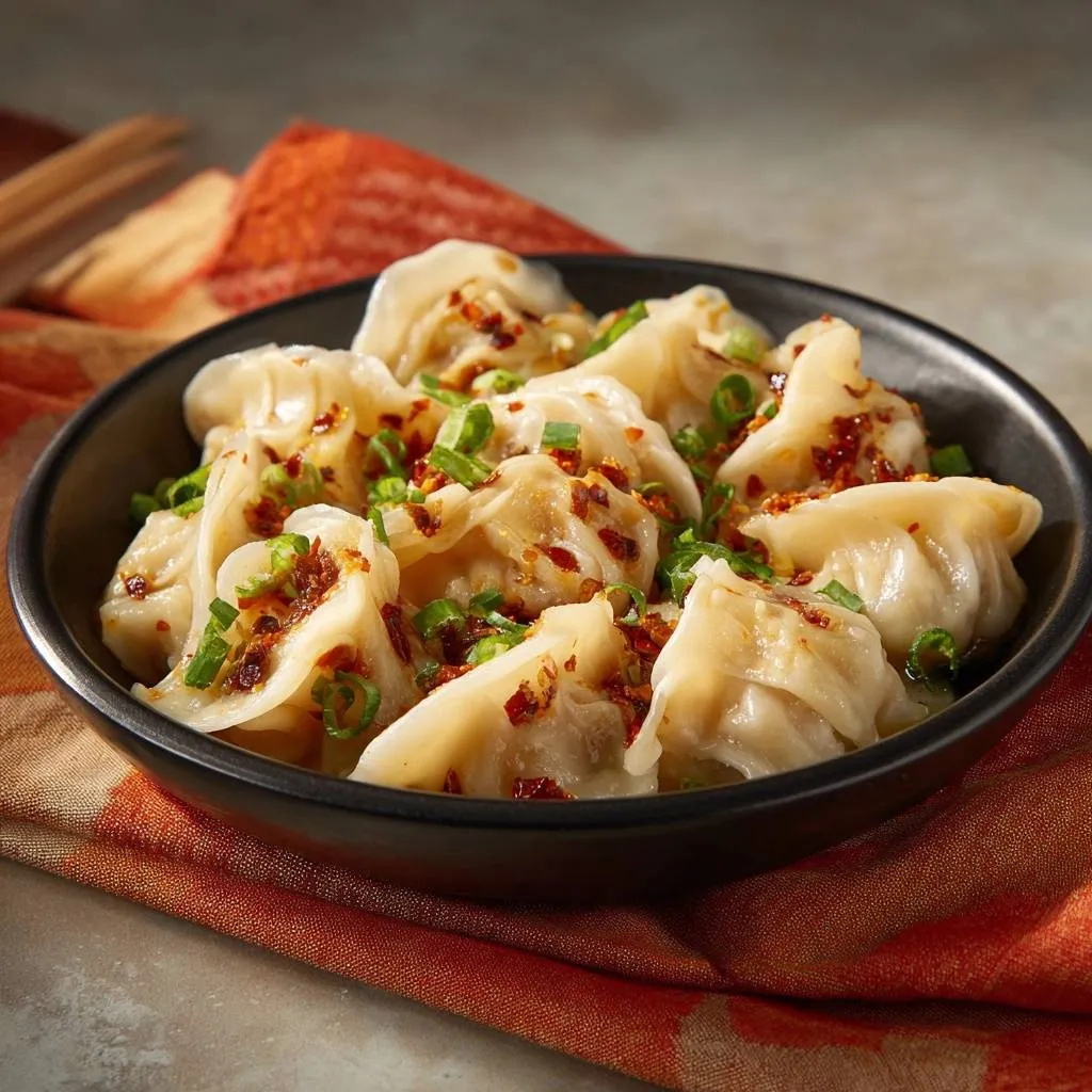 Spicy chili oil potstickers with a close-up view showing the glistening chili oil and fresh green onion garnish.